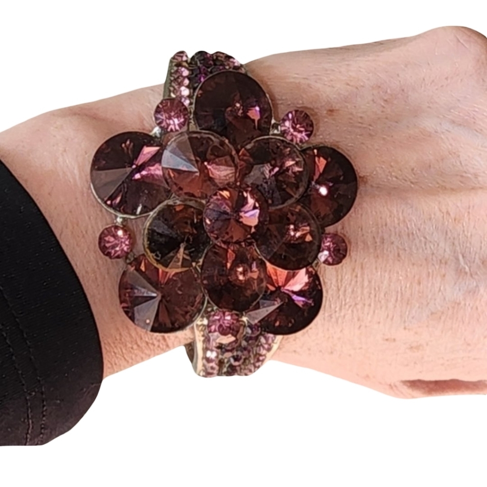 Purple Crystal Flower Cuff Bracelet Vintage Y2K Maximalist Statement Rhinestone